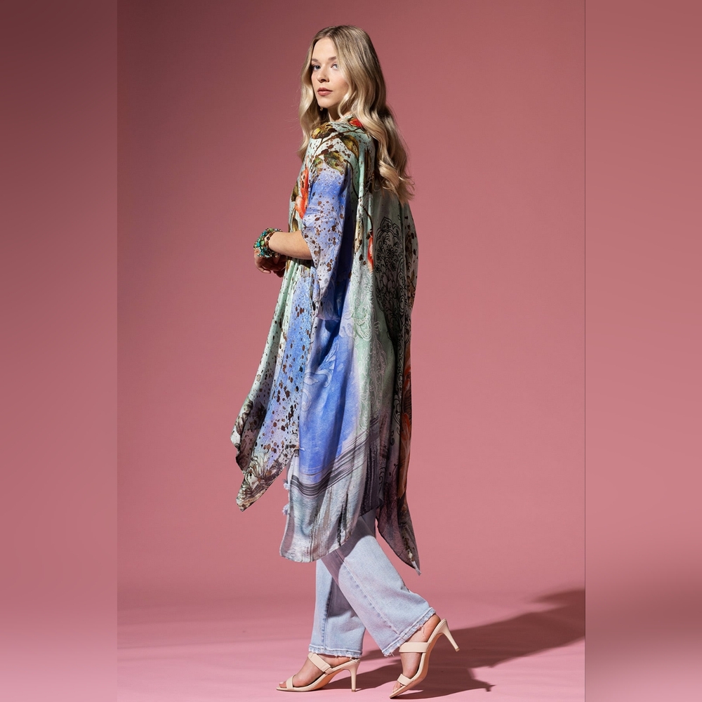 Floral Print Lightweight Kimono - Watercolor Effect Background - Soft & Silky - Picture 5 of 8